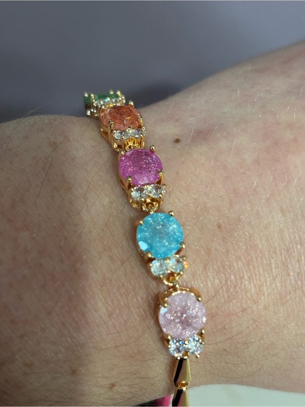 Gold-Tone Bracelet with Pink, Blue, Peach & Green Druzy Stones